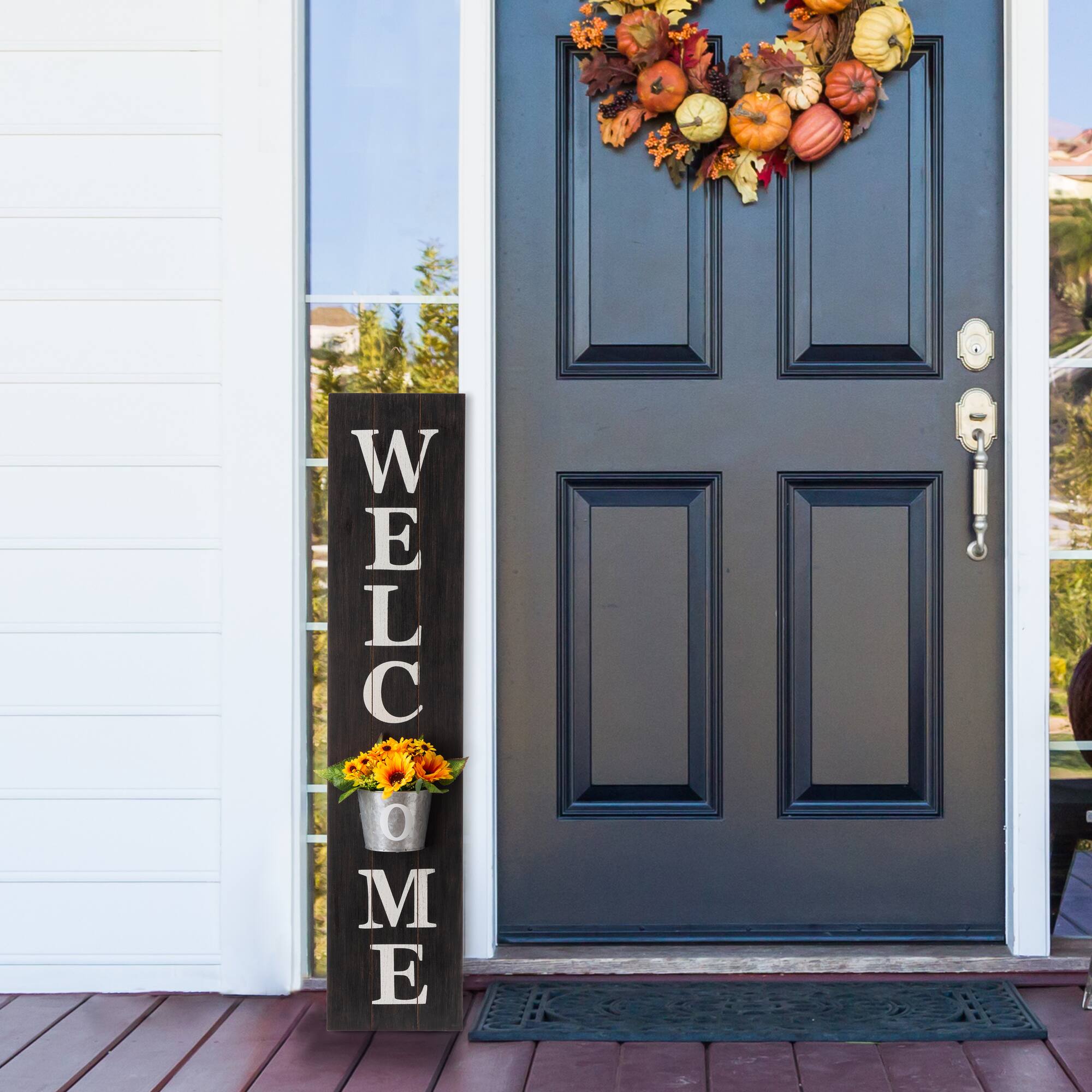 Glitzhome® 42" Wooden Black Welcome Porch Sign with Metal Planter